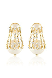 Gold Plated Pearl & Chain Libra Earrings