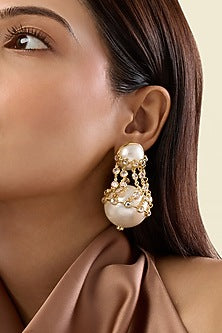 Gold Plated Pearl & Chain Libra Earrings