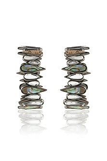 Black Rhodium Finish Mirror & Abalone Stone Hoop Earrings
