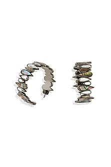 Black Rhodium Finish Mirror & Abalone Stone Hoop Earrings