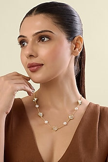 Gold Plated Mirror & Pearl Pendant Necklace