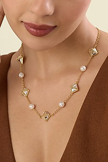 Gold Plated Mirror & Pearl Pendant Necklace