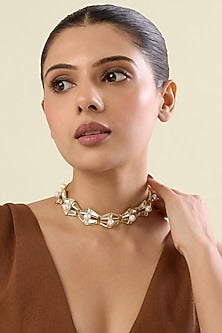 Gold Plated Mirror & Pearl Choker Necklace