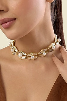 Gold Plated Mirror & Pearl Choker Necklace