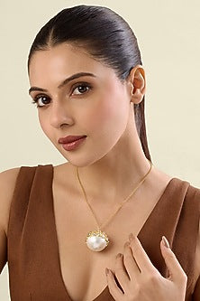 Gold Plated Pearl Long Pendant Necklace