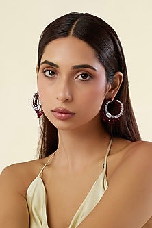 White Rhodium Finish Diamante & Ruby Gemstone Dangler Earrings