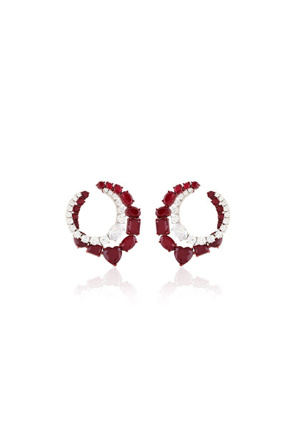 White Rhodium Finish Diamante & Ruby Gemstone Dangler Earrings