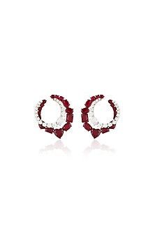 White Rhodium Finish Diamante & Ruby Gemstone Dangler Earrings
