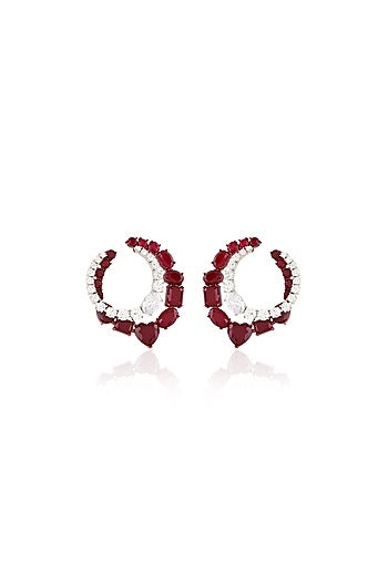 White Rhodium Finish Diamante & Ruby Gemstone Dangler Earrings