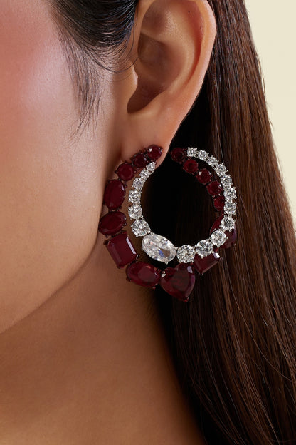White Rhodium Finish Diamante & Ruby Gemstone Dangler Earrings