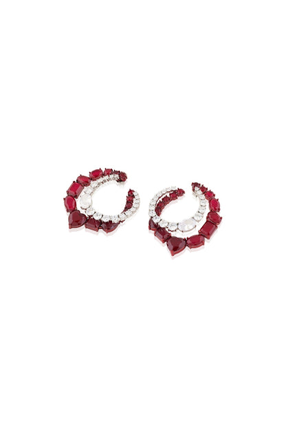 White Rhodium Finish Diamante & Ruby Gemstone Dangler Earrings