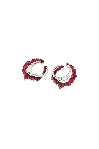 White Rhodium Finish Diamante & Ruby Gemstone Dangler Earrings