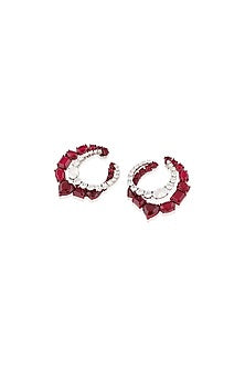 White Rhodium Finish Diamante & Ruby Gemstone Dangler Earrings