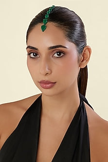 White Rhodium Finish Diamante & Emerald Gemstone Maangtikka