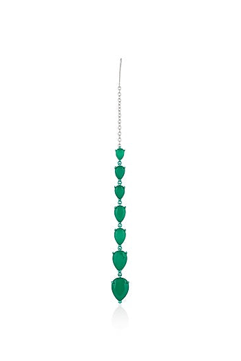 White Rhodium Finish Diamante & Emerald Gemstone Maangtikka