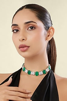 White Rhodium Finish Diamante & Emerald Gemstone Necklace