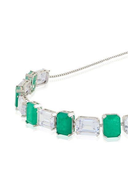 White Rhodium Finish Diamante & Emerald Gemstone Necklace