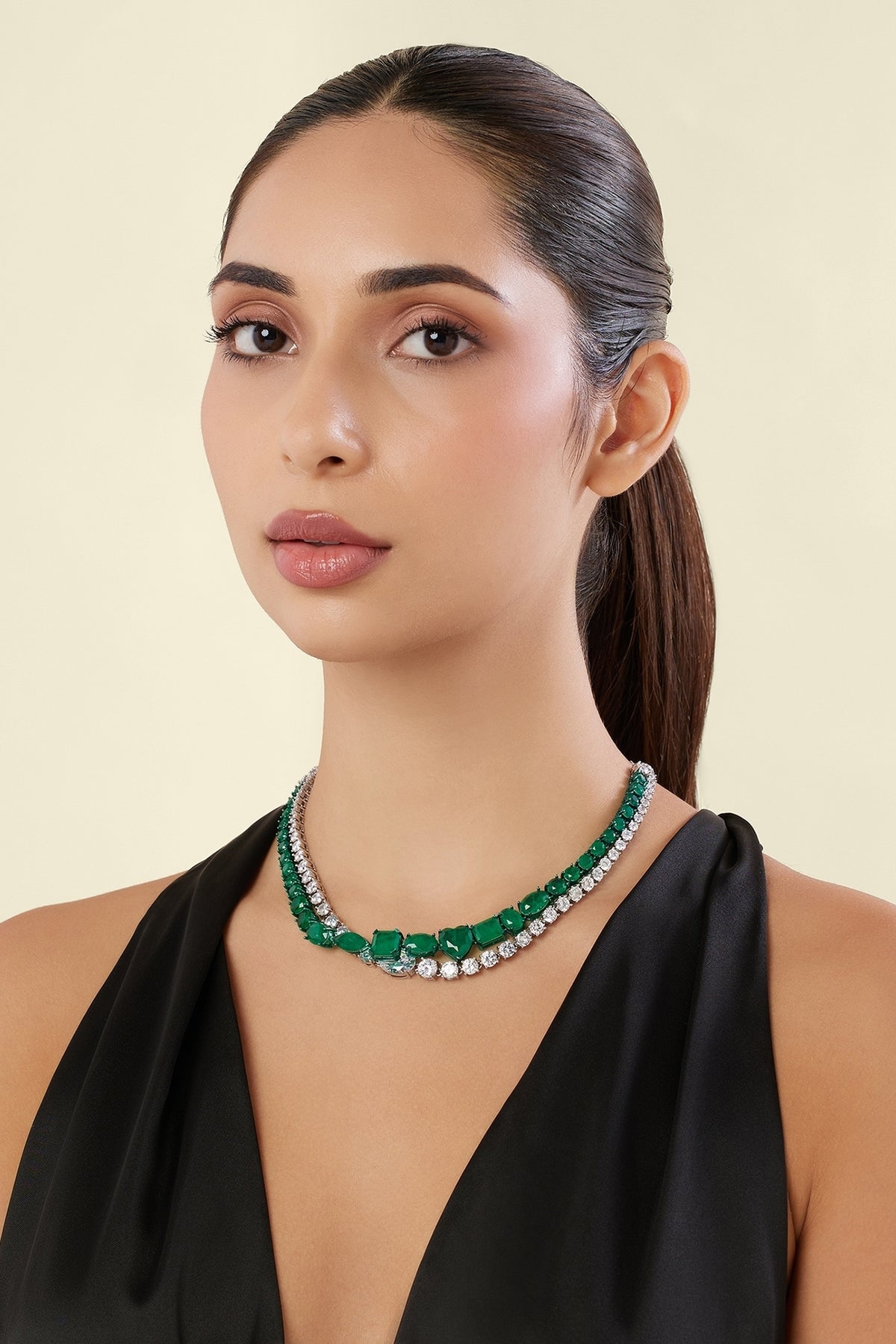 White Rhodium Finish Diamante & Emerald Gemstone Necklace