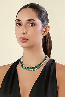 White Rhodium Finish Diamante & Emerald Gemstone Necklace