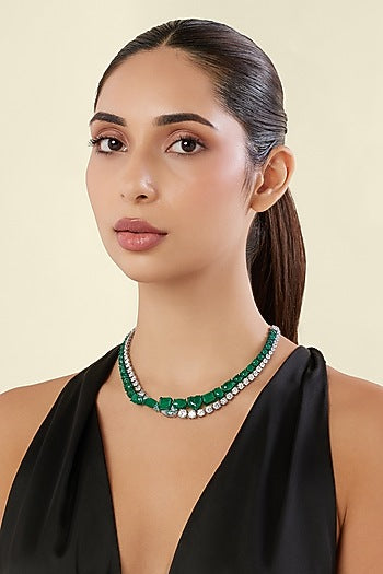 White Rhodium Finish Diamante & Emerald Gemstone Necklace