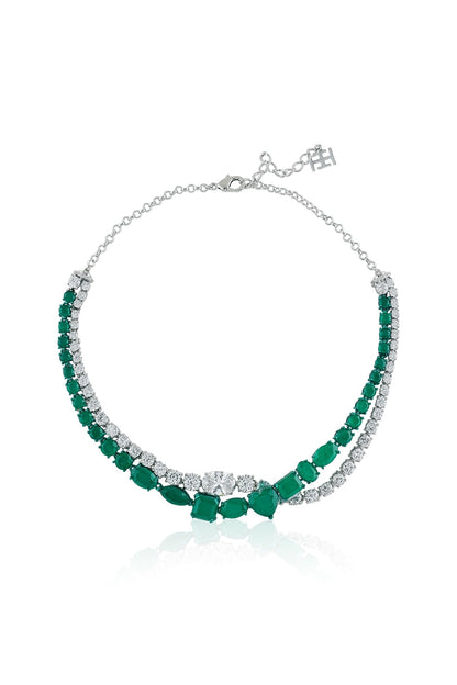 White Rhodium Finish Diamante & Emerald Gemstone Necklace