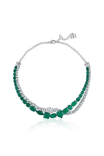 White Rhodium Finish Diamante & Emerald Gemstone Necklace