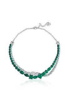 White Rhodium Finish Diamante & Emerald Gemstone Necklace