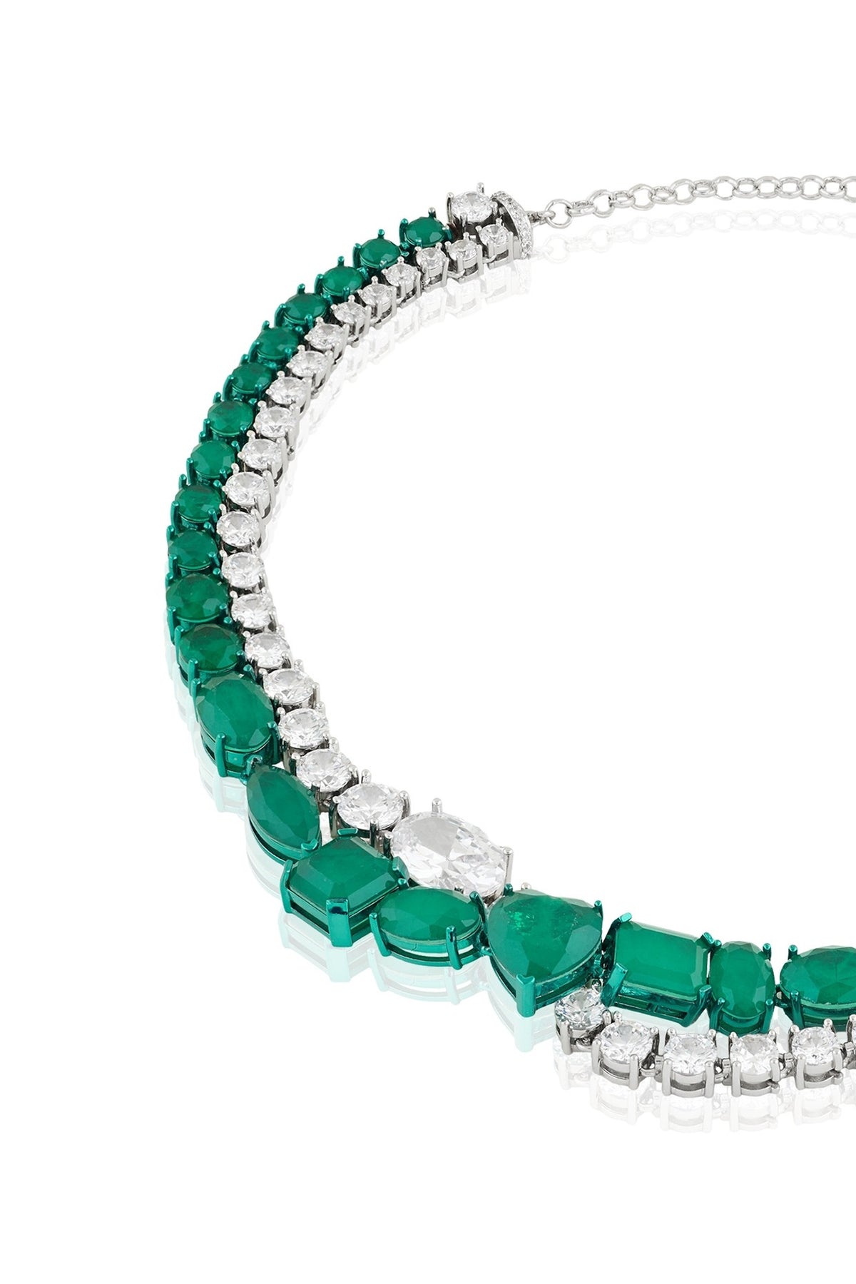 White Rhodium Finish Diamante & Emerald Gemstone Necklace