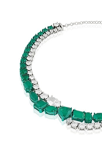 White Rhodium Finish Diamante & Emerald Gemstone Necklace