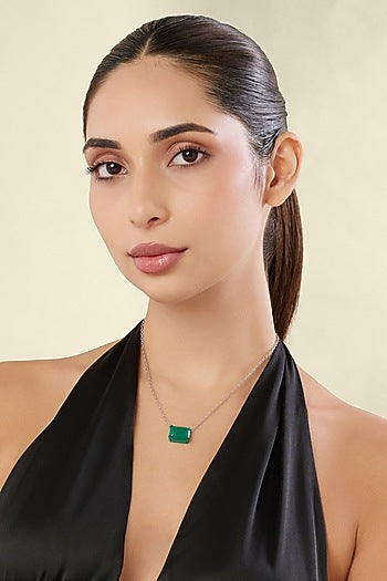 White Rhodium Finish Emerald Gemstone Pendant Necklace