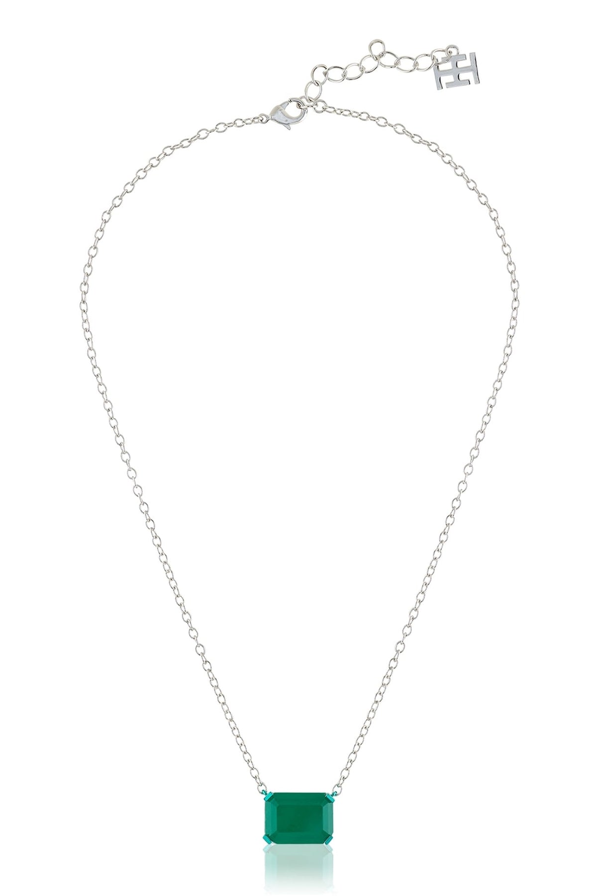 White Rhodium Finish Emerald Gemstone Pendant Necklace