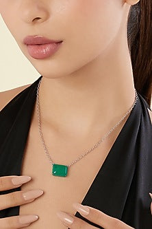 White Rhodium Finish Emerald Gemstone Pendant Necklace