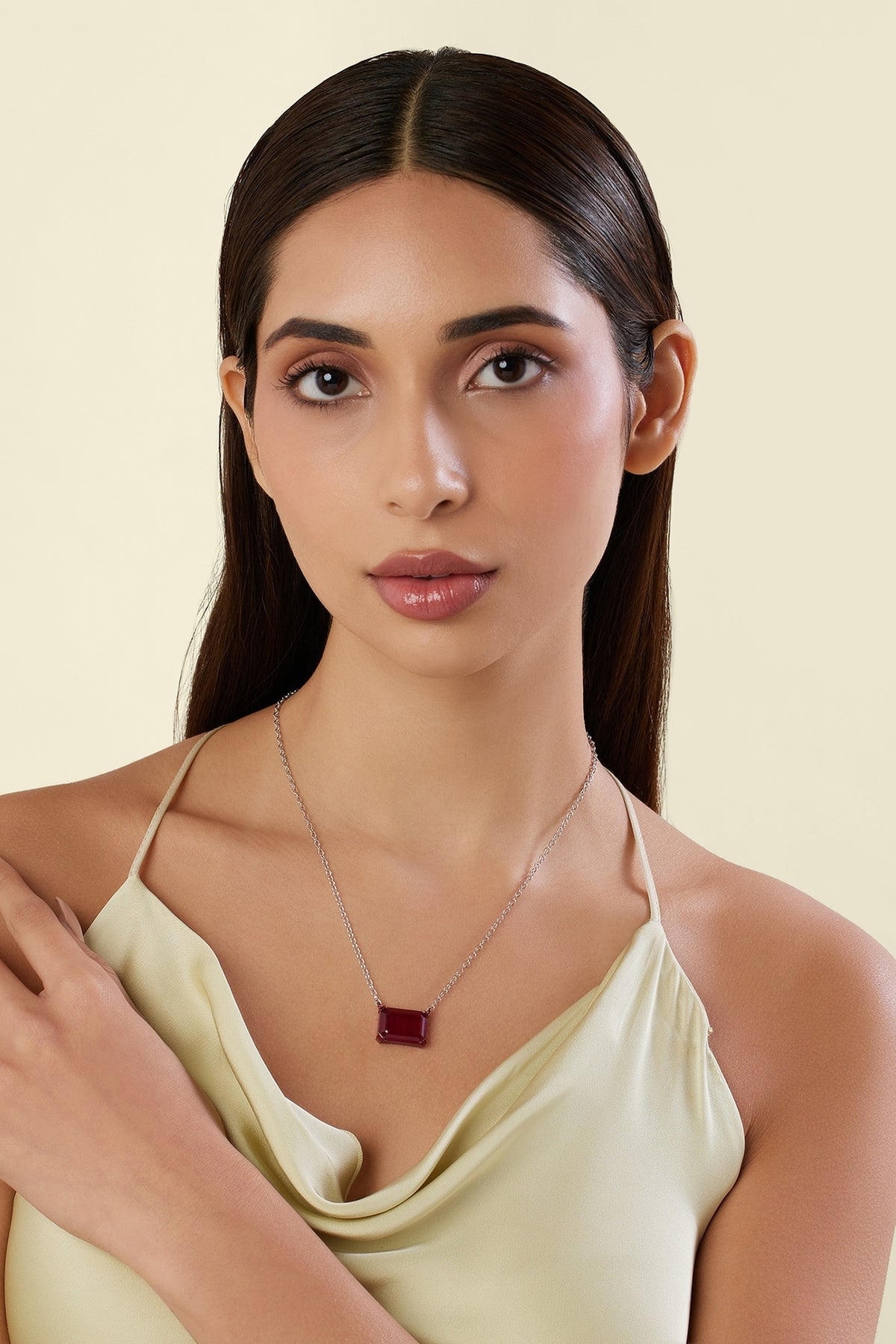 White Rhodium Finish Ruby Gemstone Pendant Necklace