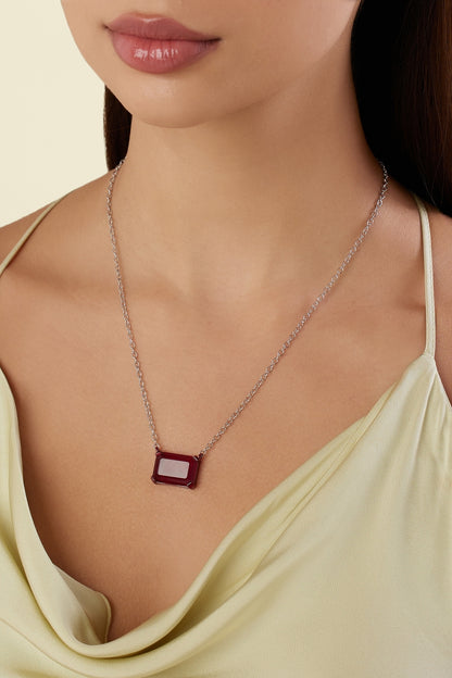 White Rhodium Finish Ruby Gemstone Pendant Necklace