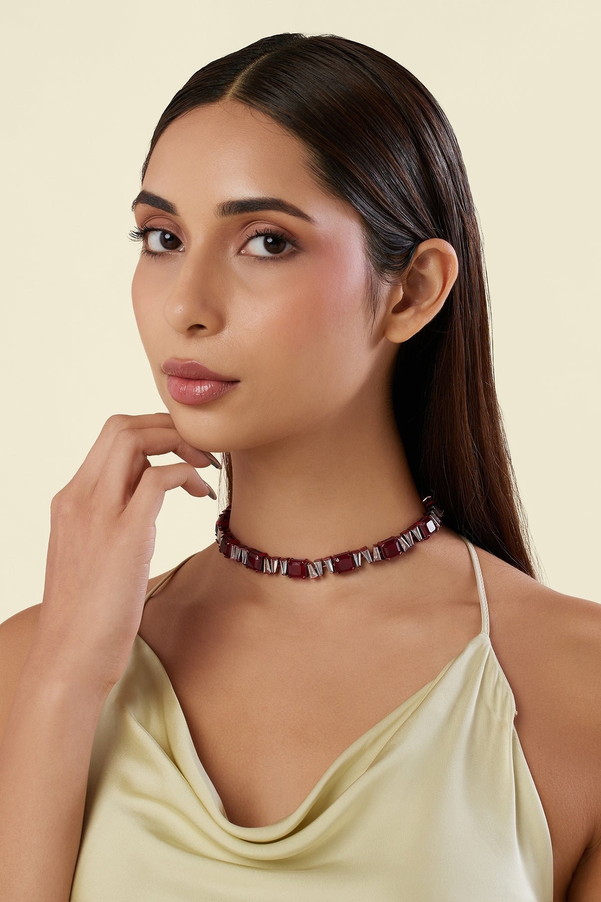White Rhodium Finish Ruby Gemstone Choker Necklace