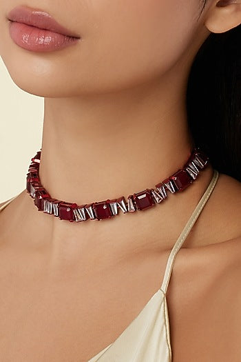 White Rhodium Finish Ruby Gemstone Choker Necklace