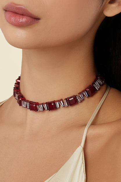 White Rhodium Finish Ruby Gemstone Choker Necklace