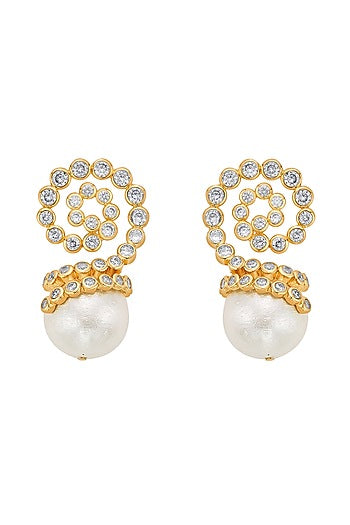 Gold Finish Crystal & Pearl Stud Earrings