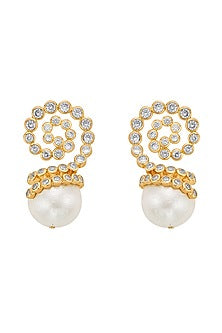 Gold Finish Crystal & Pearl Stud Earrings