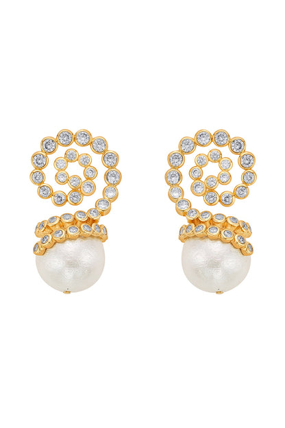 Gold Finish Crystal & Pearl Stud Earrings