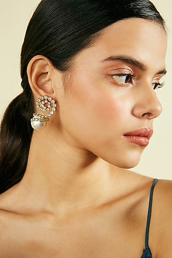 Gold Finish Crystal & Pearl Stud Earrings