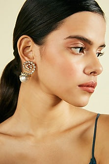 Gold Finish Crystal & Pearl Stud Earrings