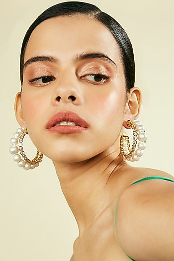 Gold Finish Pearl Hoop Earrings
