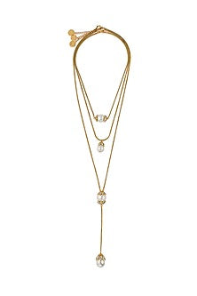 Gold Finish Marquise Mirror & Pearl Long Necklace