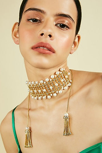 Gold Finish Pearl Choker Necklace