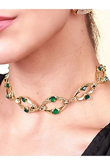 Gold Finish Emerald Doublet Stone Shell Motif Choker Necklace
