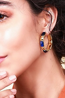 Gold Finish Blue Sapphire Doublet Stone Hoop Earrings