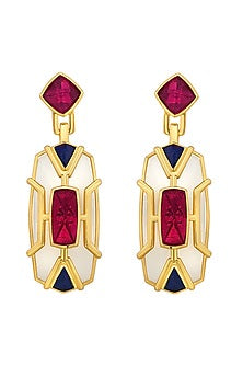 Gold Finish Pink Hydro Stone & Lapis Dangler Earrings