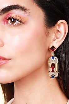 Gold Finish Pink Hydro Stone & Lapis Dangler Earrings