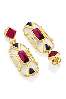 Gold Finish Pink Hydro Stone & Lapis Dangler Earrings